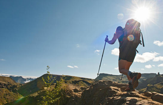 Woman hiking up to Fimmvordurhals Pass above Thorsmork Valley, Thorsmork, South Iceland, Iceland
