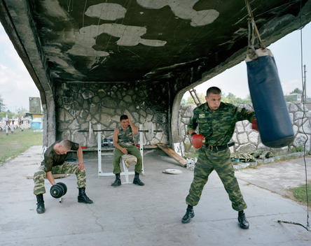 Russian Army Conscripts Work Out In A Makeshift Gym At The Control Point No 201 In The In Guy Valley On The Border Between Abkhazia And Georgia