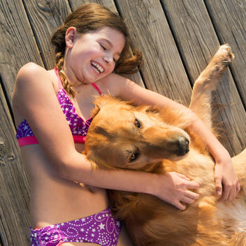 A girl in a bikini lying beside a golden retriever dog, viewed from above.