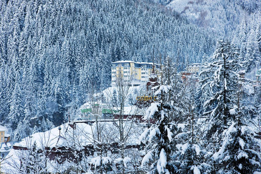 Hotel Surrounded By A Snowy Mountain Forest