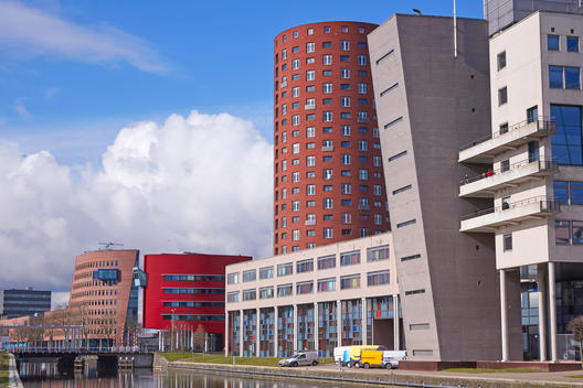 View on canalside of the \'Hague university of Applied Sciences\' in the Hague (Den Haag)