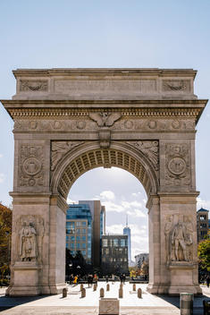 Washington Arch in Washington Square Park with One World Trade Center in the distance.