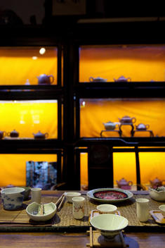 different cups and other stuff you need for a tea ceremony at a tea house in Beijing