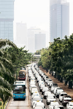 Gridlock in central Jakarta with rapid bus lane