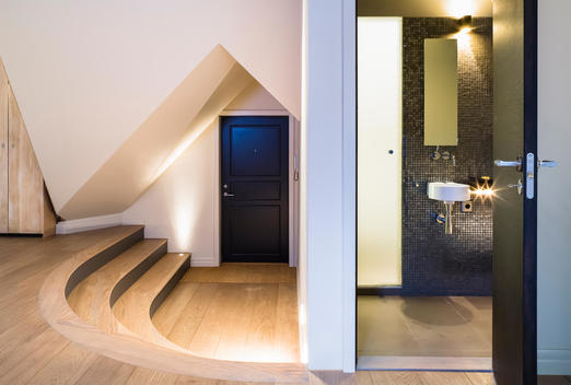 Hallway entrance in a private penthouse, designed by Scenario AS, Bryggen, Bergen, Norway.