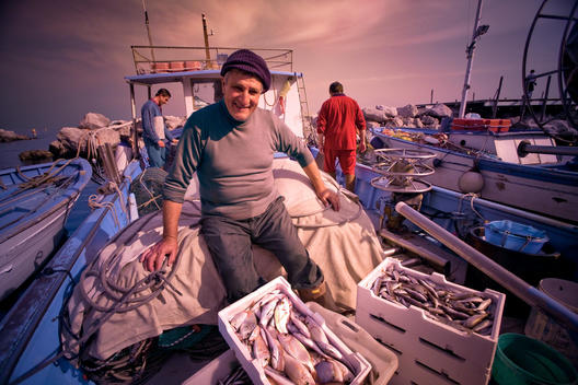 A fisherman surrounded by that day\'s catch in the famous port town in Cinque Terre.