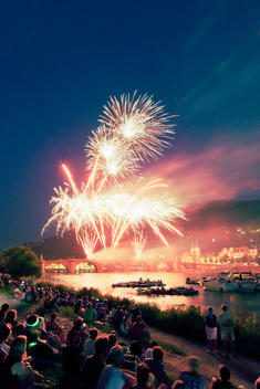 Germany, Baden-Wuerttemberg, Heidelberg, fireworks above River Neckar