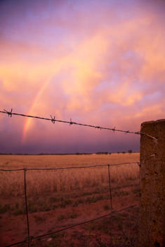 View of wire fence, rainbow and storm clouds at sunset, Ultima, Victoria, Australia