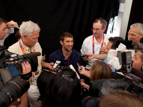 Michael Phelps, the American swimmer who has won sixteen Olympic medals is questioned during a press conference organized by Speedo for American journalists, 2012 London Olympics.