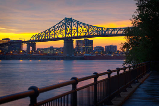 Montreal city skyline and bridge at sunset, Quebec, Canada