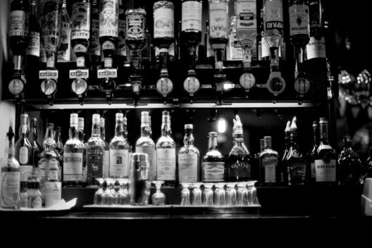 Black And White, Interior, Pub, Bar Counter, Liqueur, Bottle,