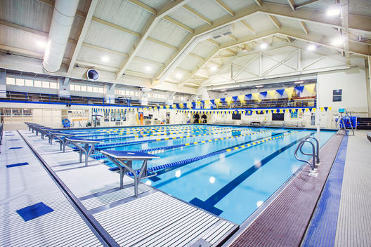 Indoor swimming pool, with diving platforms, for school sport programs and swim competitions.