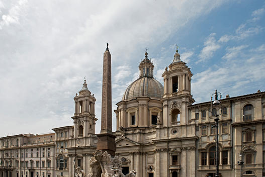General view of Piazza Navona, Sant\' Agnese in Agone and the Fountain of the Four Rivers. Rome, Italy.