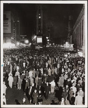 View Of A Crowd Gathered At Times Square, Possibly Awaiting The Results Of An Election.