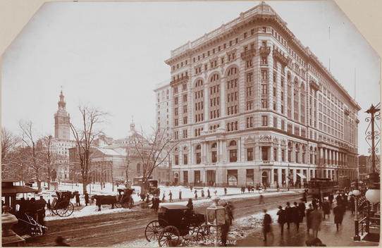 The Northeast Corner Of Madison Ave. And 23Rd St., And The Metropolitan Life Building, Before Accompanying Skyscraper Was Built. In The Foreground Is 23Rd St. The Park Is Visible Across The Street And Covered In Snow. Hansom Cabs Line The Curb. Madison Sq