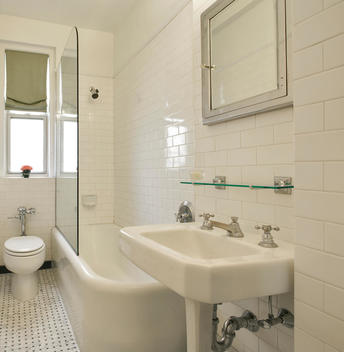 Spare Prewar Bathroom, White Tiles, Porcelain Tub