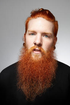 Studio portrait of staring young man with red hair and overgrown beard