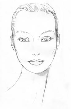 Portrait drawing of a woman with her hair back.