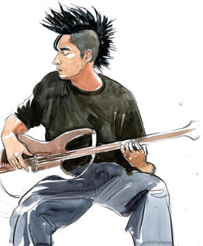 Illustration of a man playing guitar and hoping for inspiration.