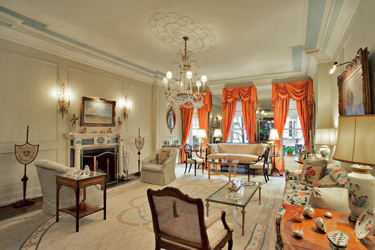 Old Money Living Room With Antiques, Triple Crown Molding And Coat Of Arms