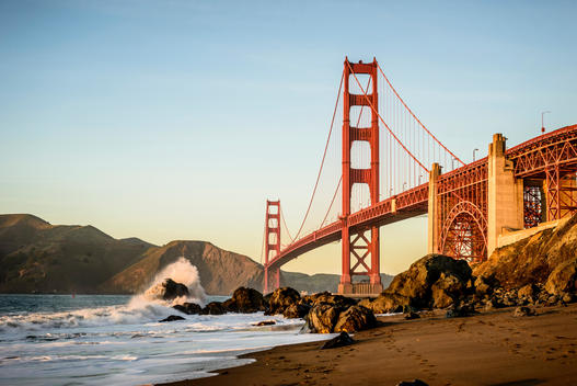 View of Golden Gate Bridge from beach, San Francisco, California, United States