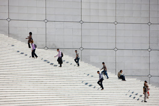 People Going To Work, Climbing Steps On Grande Arche, La Defense, Paris
