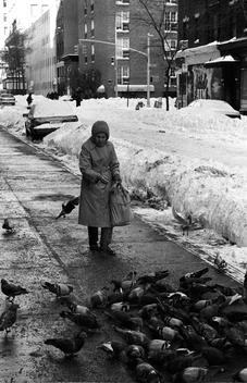 Black and white photograph of woman feeding birds in NYC