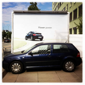 VW, advertising poster, Beetle, Golf, advertising, parody, humor, contraSt. Munich, Bavaria, Germany