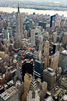 Aerial View Of Midtown Manhattan Showing The Empire State And Chrysler Buildings. New York, New York.