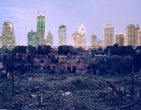 Demolition Of One Of Shanghai\'S Traditional Lane Neighborhoods With New Office Towers And Apartment Buildings In Background.