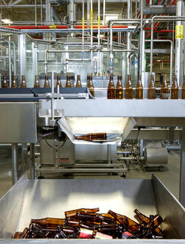 Beer bottles on a conveyer belt at the New Belgium Brewery