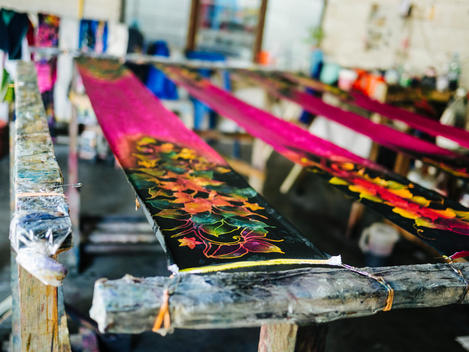 Hand painted batik at a batik factory in Teluk Bahang in Penang, Malaysia.
