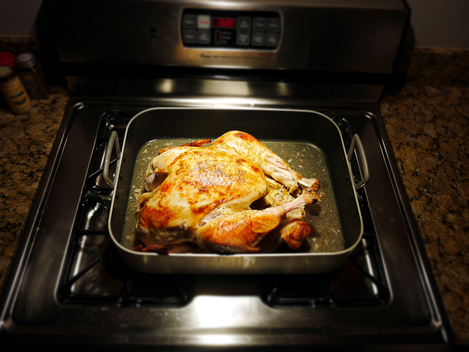 Turkey cooking in an oven