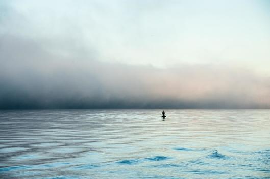 Thick fog hoving over an body of ocean with a single buoy during a sunrise..