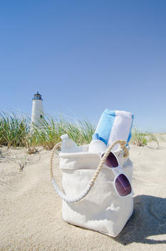 Beach bag packed for a day at beach by Great Point Lighthouse, Nantucket Island