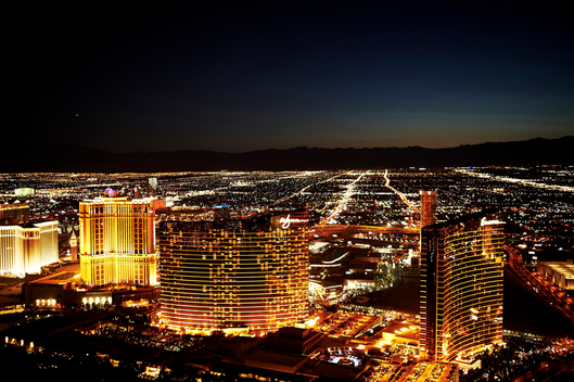 Hotels at night along the Las Vegas strip and Las Vegas Blvd.