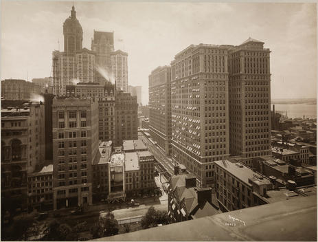 Southward View At The Intersection Of Fulton And Church Streets. Singer Building Left Of Center At Back Elevated Train That Ran Above Church St., Hudson River Can Be Seen At Right.