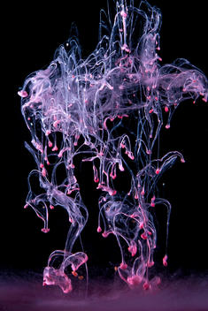 Pink liquid dispersing in water forming a chaotic mysterious shape