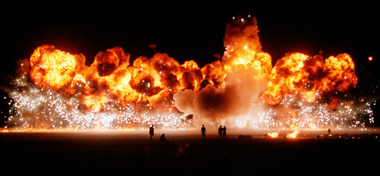Spectators Watch As 4,000Lb Of Excess Nasa Rocket Fuel Is Detonated With Magnesium To Create A Wall Of Fire 500Ft Wide And 300Ft Tall At Desert Blast - A Secret Gathering Of Pyrotechnic Enthusiasts And A Private Fireworks Party Held At A Hidden Location I