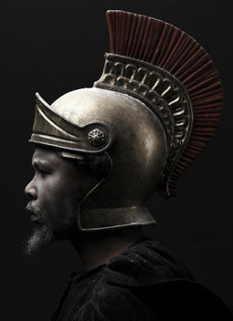 Portrait of man in roman helmet