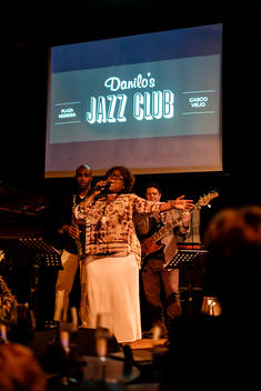 Jazz singer Idania Dowman belts out a song at Danilo\'s Jazz Club in the Casco Viefo neighrbood of Panama City, Panama.