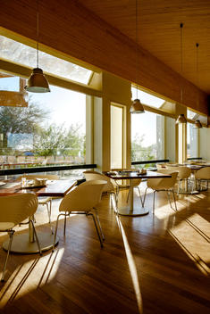 The sun shines in on the dining room at Explora Atacama resort in the Atacama Desert in Northern Chile.
