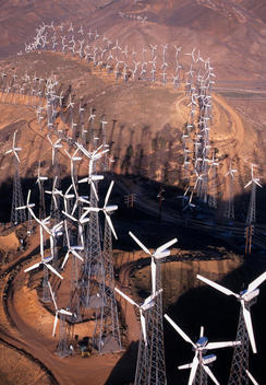 Aerial view of wind turbines on Tehachapi Pass, Mojave Desert, California, United States
