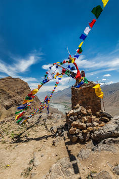 Buddhist prayer flags in Spiti Valley, Himalayas, India