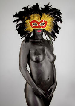 Nude, body paint, mask, feather mask