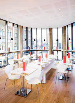Restaurant at Sleeperz Hotel designed by Clash Architects, Cardiff, Wales, UK.