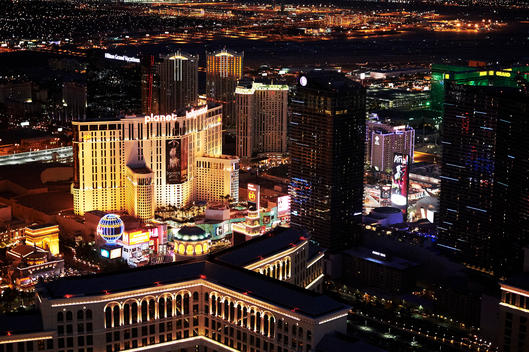 Dusk aerial view of hotels lining the strip in Las Vegas.