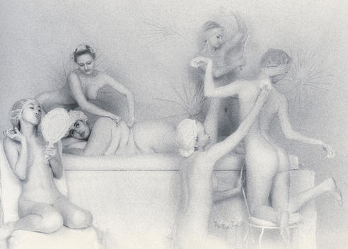 Heavy nude woman in center being massaged by thin nude woman while four other nude women engage in various other beauty treatments