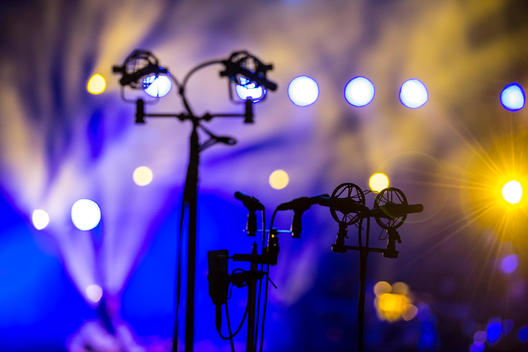 Crowd microphones and stands at a concert.
