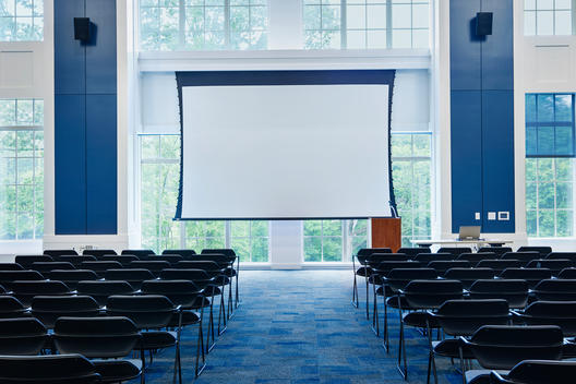 Cathedral style lecture room with rows of chairs and a projector screen.